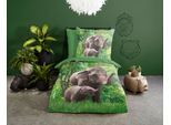 Kinderbettwäsche GOOD MORNING "Elephants", grün, B/L: 135cm x 200cm, 1 Stk., 1 Stk., Renforcé, B/L: 80cm x 80cm, 2 Stk., Renforcé, Obermaterial: 100% Baumwolle, Bettwäsche, Baumwolle, 135x200, Reißverschluss, Wendeoptik, Kind, Elefant, Grün