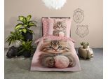 Kinderbettwäsche GOOD MORNING "Chat", rosa, B/L: 135cm x 200cm, 1 Stk., 1 Stk., Renforcé, B/L: 80cm x 80cm, 2 Stk., Renforcé, Obermaterial: 100% Baumwolle, Bettwäsche, Baumwolle, Renforcé, Wendeoptik, Kind, Mädchen, Katze
