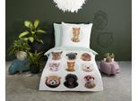 Kinderbettwäsche GOOD MORNING "Younganimals", bunt (multi, minze), B/L: 135cm x 200cm, 1 Stk., 1 Stk., Renforcé, B/L: 80cm x 80cm, 2 Stk., Renforcé, Obermaterial: 100% Baumwolle, Bettwäsche, 100% Baumwolle, 135x200, Reißverschluss, Wendeoptik, Kind, Tier