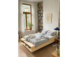 Stauraumbett KARUP DESIGN "Merge Bed Bettgestell m. integrierter Bank m. Stauraum, mehrere Größen", natur, B:124cm H:32,5cm L:227cm, Betten, Stauraumbett, inkl. Lattenrost, excl. Matratze, FSC-zertifiziertes Massivholz