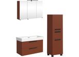 Badmöbel-Set WELLTIME "SALVADA, 3tlg-Set, gedämpfte Scharniere, Softclose, Keramikbecken", braun (rot), B:140cm H:200cm T:47,5cm, MDF, Kastenmöbel-Sets, Badmöbel-Set, Rot, Keramikbecken 1 od. 2 Armaturlochbohrungen
