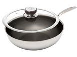 Wok HENSSLERS "HENSSLERS Edelstahl Wok inkl. Glasdeckel, Ø 28 cm", silber (silberfarben), B:29cm H:12,5cm L:51cm Ø:28cm, Pfannen, Wok, Wokpfanne für die asiatische Küche