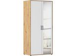Drehtürenschrank RAUCH "Kleiderschrank Schrank Garderobe Wäscheschrank VOYAGER", weiß (eiche artisan, alpinweiß), B:93cm H:194cm T:53cm, Holzwerkstoff, Schränke, Drehtürenschrank, mit modernen Griffen in Graumetallic und Spiegel