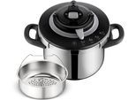 Schnellkochtopf TEFAL "Clipso+ CHEF, 6 Liter Dampfkochtopf", grau (edelstahl), B:29cm H:22,7cm L:36cm, Töpfe, Schnellkochtopf, 4 Kochprogramme, 6 Sicherheitsstufen, abnehmbarer Timer