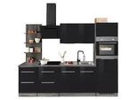 Küchenzeile KOCHSTATION "KS-Brindisi Breite 270 cm", schwarz (küche: schwarz, front: schwarz hochglanz, korpus: eiche vintage, arbeitsplatte: eiche vintage), B:270cm H:200cm T:60cm, Komplettküchen-Sets, Küchenzeile, wahlweise mit E-Geräten und Induktion, mit MDF-Fronten und Regal