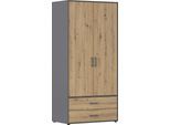 Drehtürenschrank RAUCH "Kleiderschrank Schrank Garderobe Wäscheschrank VOYAGER", braun (graumetallic, eiche artisan, griffe graumetallic), B:93cm H:194cm T:53cm, Holzwerkstoff, Schränke, Drehtürenschrank, mit 2 modernen Griffvarianten, mit Außenschubladen MADE IN GERMANY