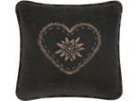 Dekokissen BIEDERLACK "Alp Charm", grau (schwarz, herz), B:50cm L:50cm, Baumwolle, Polyester, Dekokissen_Sitzkissen_Kissenhüllen, Dekokissen, Herzmotiv mit Enzianblüte