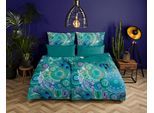 Wendebettwäsche HIP "Kari", blau (petrol), B/L: 155cm x 220cm, 1 Stk., 1 Stk., Satin, B/L: 80cm x 80cm, 2 Stk., Satin, Obermaterial: 100% Baumwolle, Bettwäsche, Wendebettwäsche, Mako-Satin, 135x200, Reißverschluss, Wendeoptik, Mandala, Federn, Grün