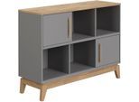 Sideboard PAIDI "STIENE in Beige oder Grau, 6 Fächer und 2 Schiebetüren mit Soft-Close", grau (schiefergrau, eiche massiv), B:124cm H:91cm T:40cm, Holzwerkstoff, Massivholz, Sideboards, Sideboard, stabiles Regal mit Massivholz, Standregal, geprüfte Qualität