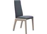 Polsterstuhl STRESSLESS "Laurel", blau (atlantic blau batick, eiche gekalkt), B:57cm H:92cm T:59cm, Leder BATICK: BATICK ist ein leicht korrigiertes, durchgefärbtes und genarbtes Möbelleder, bei dem die meisten Unebenheiten und Spuren in der Regel entfernt wurden., Stühle, Polsterstuhl, Low Back, Größe L, mit abgerundeten Beinen in Eiche gekalkt