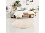 Hochflor-Teppich CARPET CITY "Pulpy 100" Gr. 40, beige (creme), H:30mm Ø:80cm, Kunstfaser, Teppiche, Fransenteppich, besonders weich, mit Fransen, Uni Farben