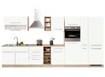 Küchenzeile KOCHSTATION "KS-Eton", weiß (küche: weiß, korpus: eichefarben, arbeitsplatte: eichefarben), B:390cm T:60cm, Komplettküchen-Sets, Küchenzeile, mit E-Geräten, Breite 390 cm