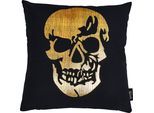 Dekokissen DONE. "Stone Skull", gold (goldfarben, bedruckt), B:65cm L:65cm, Baumwolle, Dekokissen_Sitzkissen_Kissenhüllen, mit Totenkopf-Applikation, Kissenhüle mit Füllung, 1 Stück