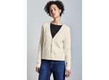 Cardigan STREET ONE, Damen, Gr. 46, beige (soft beige), Stoff, 33% Polyester, 31% Polyacryl, 24% Baumwolle, 12% Polyamid, Strukturmuster, normal normal, V-Ausschnitt, Bündchen, Strickjacken, aus softem Materialmix