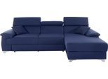Ecksofa DOMO COLLECTION "Mira, inklusive Kopfteilverstellung für mehr Wohlfühlkomfort, L-Form", blau (dunkelblau), B:271cm H:78cm T:167cm, Zierkissen: Entsprechend jeweiligem Bezug.;Struktur (100% Polyester);Struktur fein (100% Polyester);Luxus-Microfaser (92% Polyester, 8% Nylon), Sofas, Ecksofa, wahlweise mit Bettfunktion und Bettkasten, elegant und modern