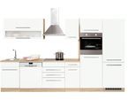 Küchenzeile KOCHSTATION "KS-Eton", weiß (küche: weiß, korpus: eichefarben, arbeitsplatte: eichefarben), B:330cm T:60cm, Komplettküchen-Sets, Küchenzeile, mit E-Geräten, Breite 330 cm