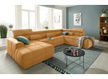 Wohnlandschaft DOMO COLLECTION "BRANDON whlw. mit Sitztiefenverstellung, whlw. Nierenkissen", orange (mango), B:359cm H:80cm T:228cm, Kunstleder SOFTLUX;Luxus-Microfaser in Antikleder-Optik (100% Polyester);Luxus-Microfaser (100% Polyester), Sofas, Wohnlandschaft, mit Kopfteilverstellung, wahlweise Sitztiefenverstellung, U-Form