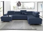 Wohnlandschaft DOMO COLLECTION "Mira, inklusive Kopfteilverstellung für mehr Wohlfühlkomfort, U-Form", blau (dunkelblau), B:337cm H:78cm T:230cm, Luxus-Microfaser (92% Polyester, 8% Nylon);Zierkissen: Entsprechend jeweiligem Bezug.;Struktur (100% Polyester);Struktur fein (100% Polyester), Sofas, Wohnlandschaft, wahlweise mit Bettfunktion und Bettkasten, elegant und modern