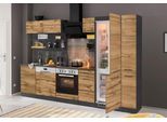 Küchenzeile KOCHSTATION "KS-Tulsa", braun (küche: natur, korpus: grafit, arbeitsplatte: anthrazit), B:300cm T:60cm, Komplettküchen-Sets, Küchenzeile, ohne E-Geräte, Breite 300 cm, schwarze Metallgriffe, MDF Fronten