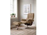 Relaxsessel STRESSLESS "Mayfair", braun (sand dinamica), B:79cm H:102cm T:73cm, Microfaser DINAMICA (88% Polyester, 12% Polyurethan), Sessel, Relaxsessel, mit Hocker, mit Cross Base, Größe S, M & L, Holzakzent Braun