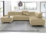 Wohnlandschaft DOMO COLLECTION "Mira, inklusive Kopfteilverstellung für mehr Wohlfühlkomfort, U-Form", beige, B:337cm H:78cm T:230cm, Luxus-Microfaser (92% Polyester, 8% Nylon);Zierkissen: Entsprechend jeweiligem Bezug.;Struktur (100% Polyester);Struktur fein (100% Polyester), Sofas, Wohnlandschaft, wahlweise mit Bettfunktion und Bettkasten, elegant und modern