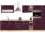 Küchenzeile KOCHSTATION "KS-Eton", lila (küche: lila, korpus: eichefarben, arbeitsplatte: eichefarben), B:330cm T:60cm, Komplettküchen-Sets, Küchenzeile, ohne E-Geräte, Breite 330 cm