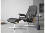 Relaxsessel STRESSLESS "Consul", grau (grau batick), B:82cm H:102cm T:72cm, Leder BATICK: BATICK ist ein leicht korrigiertes, durchgefärbtes und genarbtes Möbelleder, bei dem die meisten Unebenheiten und Spuren in der Regel entfernt wurden., Sessel, Relaxsessel, mit Hocker, mit Cross Base, Größe S, M & L, Holzakzent Eiche