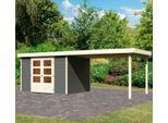 Gartenhaus KARIBU "Arnis 5" SET anthrazit mit Anbaudach 2,80 m Breite", grau (terragrau, elfenbeinfarben), ohne Fußboden, ohne Rück- und Seitenwand, ohne Dacheindeckung, Holzwerkstoff, Gartenhäuser, Gartenhaus, aus hochwertiger nordischer Fichte