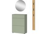 Garderoben-Set GERMANIA "GW-Binetto", taupegrün, navarra, eiche, nachbildung, B:100cm H:200cm T:34cm, Glas, Holzwerkstoff, Kunststoff, Metall, Kastenmöbel-Sets, mehrteiliges Set mit Schuhschrank, rundem Spiegel und Paneel
