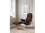 Relaxsessel STRESSLESS "Sunrise", braun (malt braun batick), B:83cm H:105cm T:74cm, Leder BATICK: BATICK ist ein leicht korrigiertes, durchgefärbtes und genarbtes Möbelleder, bei dem die meisten Unebenheiten und Spuren in der Regel entfernt wurden., Sessel, Relaxsessel, mit Hocker, mit Cross Base, Größe S, M & L, Holzakzent Eiche