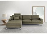 Ecksofa 3C CANDY "Lecce, wahlweise PUR-Schaumstoff oder Tonnentaschenfederkern", grün (oliv), B:281cm H:86cm T:194cm, 100% Polyester, Sofas, Ecksofa, Bett im 2,5-Sitzer, teilmotorische Schlaffunktion im Longchair, L-Form