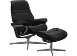 Relaxsessel STRESSLESS "Sunrise", schwarz (schwarz batick), B:83cm H:105cm T:74cm, Leder BATICK: BATICK ist ein leicht korrigiertes, durchgefärbtes und genarbtes Möbelleder, bei dem die meisten Unebenheiten und Spuren in der Regel entfernt wurden., Sessel, Relaxsessel, mit Hocker, mit Cross Base, Größe S, M & L, Holzakzent Braun