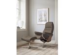Relaxsessel STRESSLESS "Sunrise", braun (mole batick), B:79cm H:103cm T:73cm, Leder BATICK: BATICK ist ein leicht korrigiertes, durchgefärbtes und genarbtes Möbelleder, bei dem die meisten Unebenheiten und Spuren in der Regel entfernt wurden., Sessel, Relaxsessel, mit Hocker, mit Cross Base, Größe S, M & L, Holzakzent Eiche