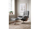 Relaxsessel STRESSLESS "Mayfair", grau (wild dove batick), B:83cm H:102cm T:74cm, Leder BATICK: BATICK ist ein leicht korrigiertes, durchgefärbtes und genarbtes Möbelleder, bei dem die meisten Unebenheiten und Spuren in der Regel entfernt wurden., Sessel, Relaxsessel, mit Cross Base, Größe S, M & L, Holzakzent Eiche