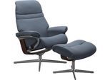 Relaxsessel STRESSLESS "Sunrise", blau (sparrow blau paloma), B:83cm H:105cm T:74cm, Leder PALOMA: PALOMA ist ein durchgefärbtes Semianilin-Möbelleder mit natürlicher Narbung., Sessel, Relaxsessel, mit Hocker, mit Cross Base, Größe S, M & L, Holzakzent Braun