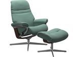Relaxsessel STRESSLESS "Sunrise", grün (aqua grün paloma), B:92cm H:105cm T:80cm, Leder PALOMA: PALOMA ist ein durchgefärbtes Semianilin-Möbelleder mit natürlicher Narbung., Sessel, Relaxsessel, mit Hocker, mit Cross Base, Größe S, M & L, Holzakzent Braun