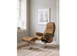 Relaxsessel STRESSLESS "Sunrise", braun (taupe paloma), B:92cm H:105cm T:80cm, Leder PALOMA: PALOMA ist ein durchgefärbtes Semianilin-Möbelleder mit natürlicher Narbung., Sessel, Relaxsessel, mit Hocker, mit Cross Base, Größe S, M & L, Holzakzent Eiche