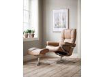Relaxsessel STRESSLESS "Mayfair", braun (almond paloma), B:92cm H:103cm T:79cm, Leder PALOMA: PALOMA ist ein durchgefärbtes Semianilin-Möbelleder mit natürlicher Narbung., Sessel, Relaxsessel, mit Hocker, mit Cross Base, Größe S, M & L, Holzakzent Eiche