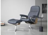 Relaxsessel STRESSLESS "Consul", blau (sparrow blau paloma), B:82cm H:102cm T:72cm, Leder PALOMA: PALOMA ist ein durchgefärbtes Semianilin-Möbelleder mit natürlicher Narbung., Sessel, Relaxsessel, mit Hocker, mit Cross Base, Größe S, M & L, Holzakzent Eiche