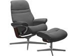 Relaxsessel STRESSLESS "Sunrise", grau (grau batick), B:92cm H:105cm T:80cm, Leder BATICK: BATICK ist ein leicht korrigiertes, durchgefärbtes und genarbtes Möbelleder, bei dem die meisten Unebenheiten und Spuren in der Regel entfernt wurden., Sessel, Relaxsessel, mit Hocker, mit Cross Base, Größe S, M & L, Holzakzent Braun