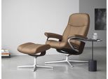 Relaxsessel STRESSLESS "Consul", braun (latte batick), B:82cm H:102cm T:72cm, Leder BATICK: BATICK ist ein leicht korrigiertes, durchgefärbtes und genarbtes Möbelleder, bei dem die meisten Unebenheiten und Spuren in der Regel entfernt wurden., Sessel, Relaxsessel, mit Hocker, mit Cross Base, Größe S, M & L, Holzakzent Braun