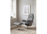 Relaxsessel STRESSLESS "Sunrise", grau (grau batick), B:92cm H:105cm T:80cm, Leder BATICK: BATICK ist ein leicht korrigiertes, durchgefärbtes und genarbtes Möbelleder, bei dem die meisten Unebenheiten und Spuren in der Regel entfernt wurden., Sessel, Relaxsessel, mit Hocker, mit Cross Base, Größe S, M & L, Holzakzent Eiche