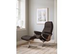 Relaxsessel STRESSLESS "Sunrise", braun (braun batick), B:92cm H:105cm T:80cm, Leder BATICK: BATICK ist ein leicht korrigiertes, durchgefärbtes und genarbtes Möbelleder, bei dem die meisten Unebenheiten und Spuren in der Regel entfernt wurden., Sessel, Relaxsessel, mit Cross Base, Größe S, M & L, Holzakzent Eiche