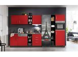Küchenzeile KOCHSTATION "KS-Paris – Küchen mit einzigartigen Fotomotiven auf den Fronten", rot (küche: rot, front: rot, korpus: grafit, arbeitsplatte: anthrazit), B:350cm H:200cm T:60cm, Komplettküchen-Sets, Küchenzeile, Breite 350 cm, wahlweise mit E-Geräten und Induktion