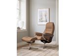 Relaxsessel STRESSLESS "Sunrise", braun (latte batick), B:79cm H:103cm T:73cm, Leder BATICK: BATICK ist ein leicht korrigiertes, durchgefärbtes und genarbtes Möbelleder, bei dem die meisten Unebenheiten und Spuren in der Regel entfernt wurden., Sessel, Relaxsessel, mit Hocker, mit Cross Base, Größe S, M & L, Holzakzent Braun