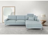 Ecksofa 3C CANDY "Lecce, wahlweise PUR-Schaumstoff oder Tonnentaschenfederkern", blau (hellblau), B:281cm H:86cm T:194cm, 100% Polyester, Sofas, Ecksofa, Bett im 2,5-Sitzer, teilmotorische Schlaffunktion im Longchair, L-Form