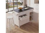 Kücheninsel MCW-P62 mit 2 Sitzhockern, Küchenschrank Schublade Staufächer MDF 90x131x47cm ~ weiß, Marmor-Optik schwarz
