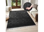 Teppich OTTO HOME "Bonvo" Gr. 4, schwarz, B:160cm H:19mm L:230cm, Kunstfaser, Teppiche, Fransenteppich Teppich, mit Fransen, Hoch-Tief-Struktur, Wohnzimmer, Schlafzimmer, Boho-Style