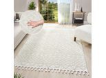 Teppich OTTO HOME "Ribeyret" Gr. 1, beige (creme), B:60cm H:11mm L:90cm, Kunstfaser, Teppiche, Fransenteppich Teppich, mit Fransen, Hoch-Tief-Struktur, Woll-Look, Boho-Style, Wohnzimmer