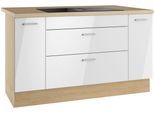Kücheninsel KOCHSTATION "KS-Lucy", weiß (küche: weiß, korpus: eiche hell, arbeitsplatte: eiche hell), B:151cm H:90,8cm T:96,5cm, Komplettküchen-Sets, Breite 151 cm, Vollauszüge, wahlweise mit Kochfeld mit Muldenlüfter